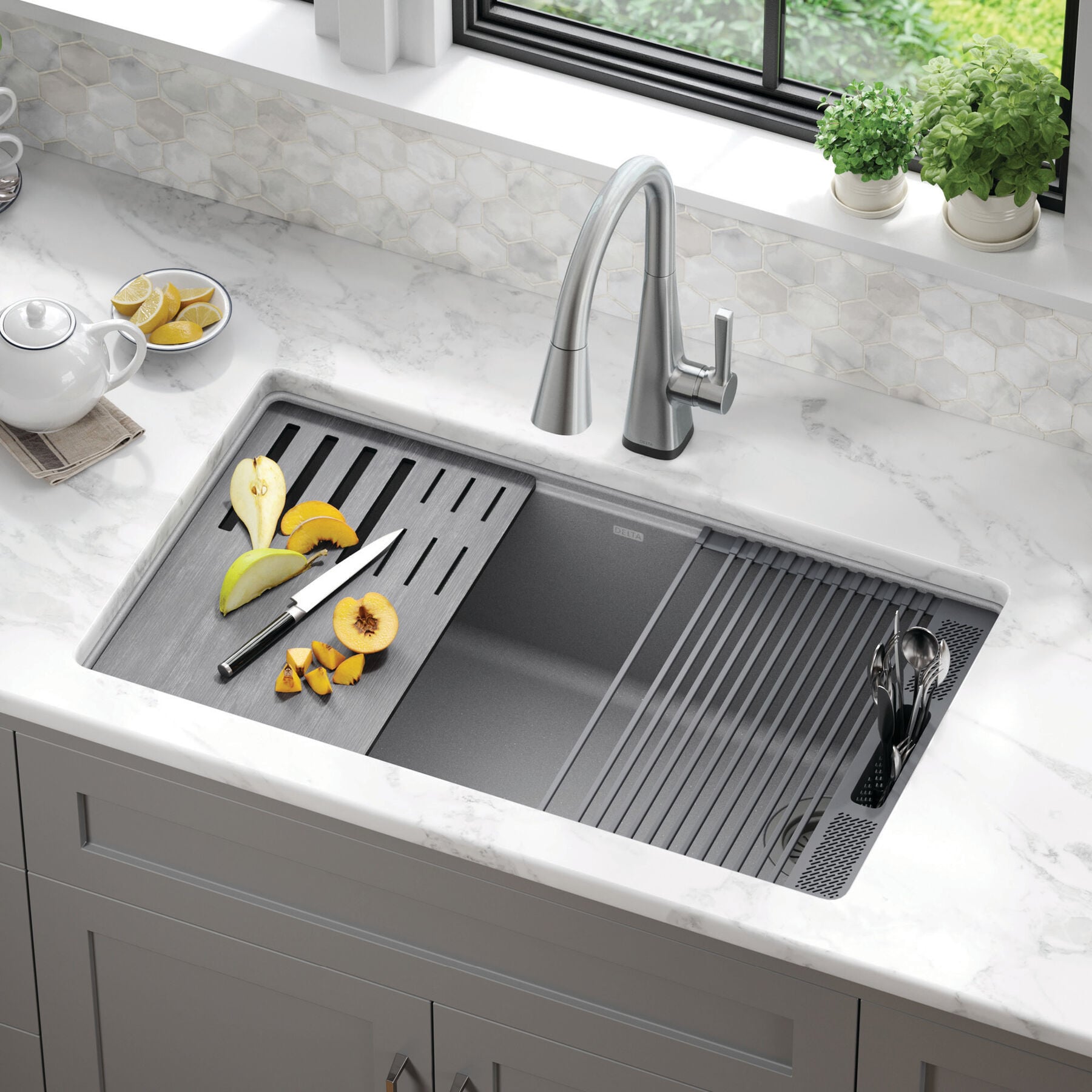 32&rdquo; Granite Composite Workstation Kitchen Sink Undermount Single Bowl with WorkFlow&trade; Ledge and Accessories in Dark Grey
